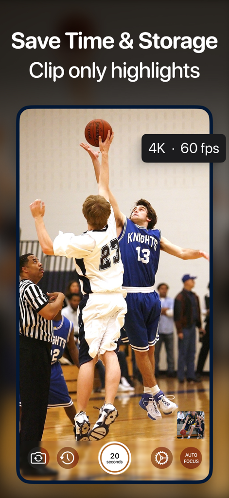 Video Buffer Action Camera - Screenshot of Video Buffer app capturing a high quality basketball game highlight with a 20 second buffer