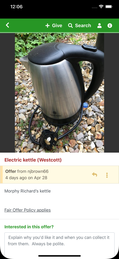 Trash Nothing + Freecycle - A listing for a free electric kettle on the Trash Nothing app interface.
