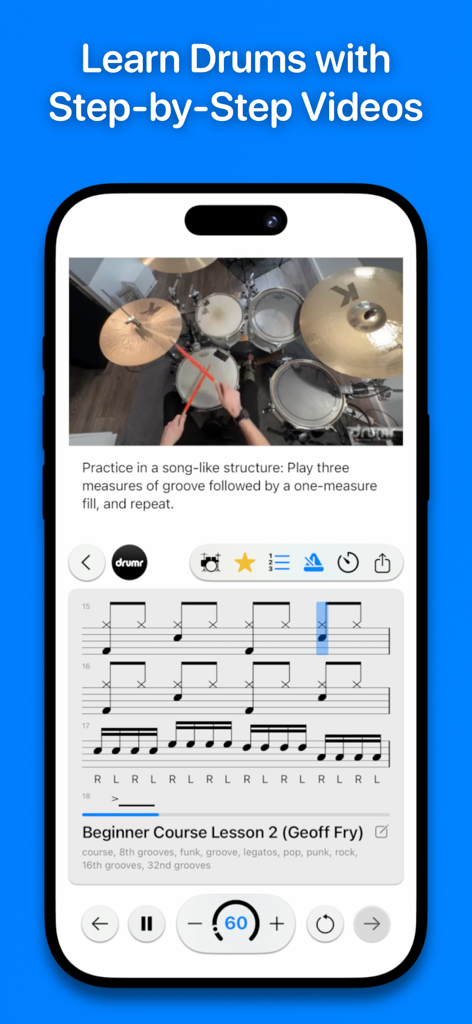 Drumr - Learn & Practice Drums - The Drumr app interface displaying a top-down video lesson of a drum kit alongside musical notation and tempo controls for a beginner course.