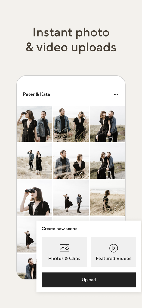 Pic-Time - Interface do aplicativo Pic-Time mostrando uma galeria de clientes e opções para uploads instantâneos de fotos e vídeos.