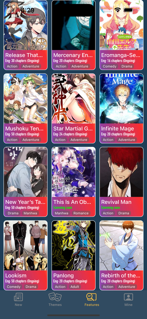 Manga Reader: Webtoon & Comics - ジャンルタグ付きの様々なマンガとWebtoonのタイトルのグリッドを表示するモバイルインターフェース。