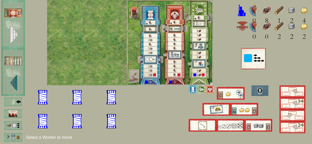 Teotihuacan - The board game - Interfaz digital del juego de mesa Teotihuacan que muestra las pistas del templo y los componentes de gestión de recursos.