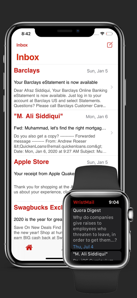 WristMail for Gmail inbox view on iPhone and Apple Watch