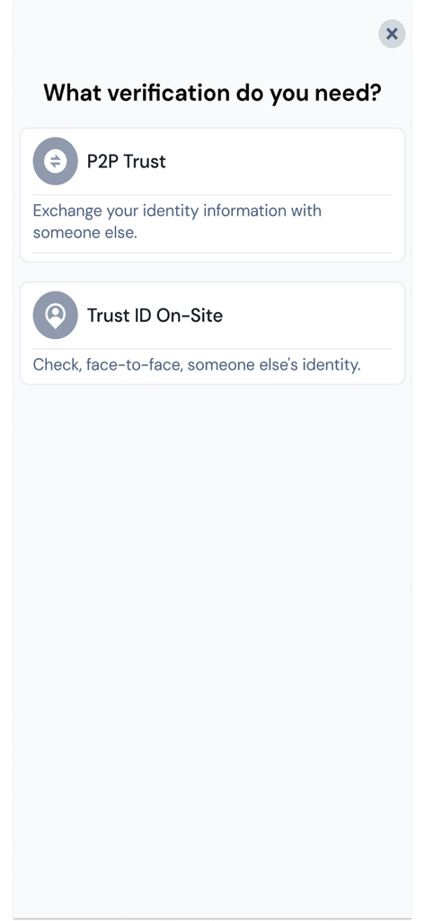 TrustMe: Your Digital Identity - Interface of TrustMe app showing choices for P2P identity exchange or on-site face-to-face verification
