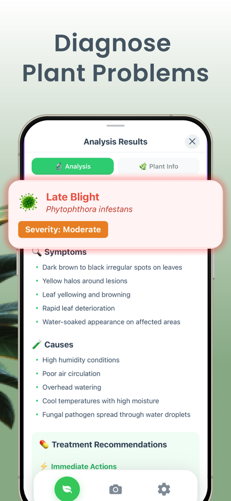 Plant Disease Identifier Bio - Captura de pantalla de la aplicación móvil Plantora mostrando un diagnóstico de la enfermedad Tizón Tardío con síntomas y causas