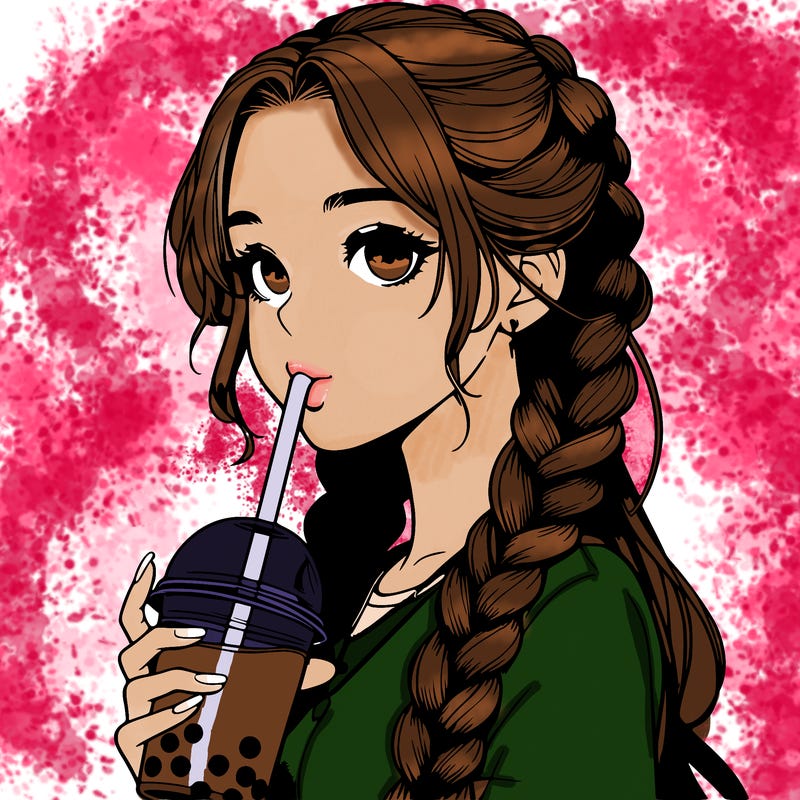 realistic girl with braided hair drinking boba
