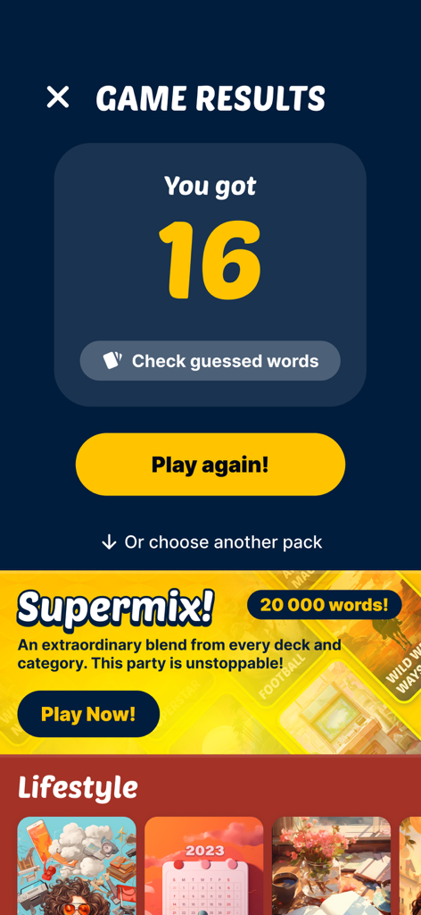 Headbands: Charades for Adults - Spielergebnisbildschirm der Headbands-App mit einer Punktzahl von 16 und Optionen zum erneuten Spielen oder zur Auswahl eines anderen Decks