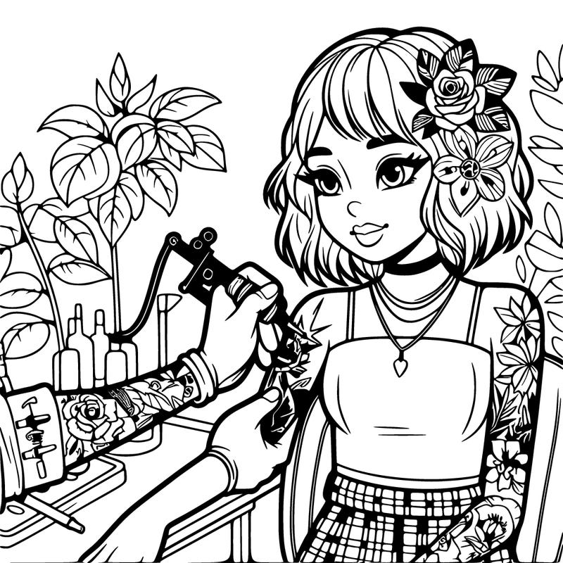 realistic girl giving herself  tattoo