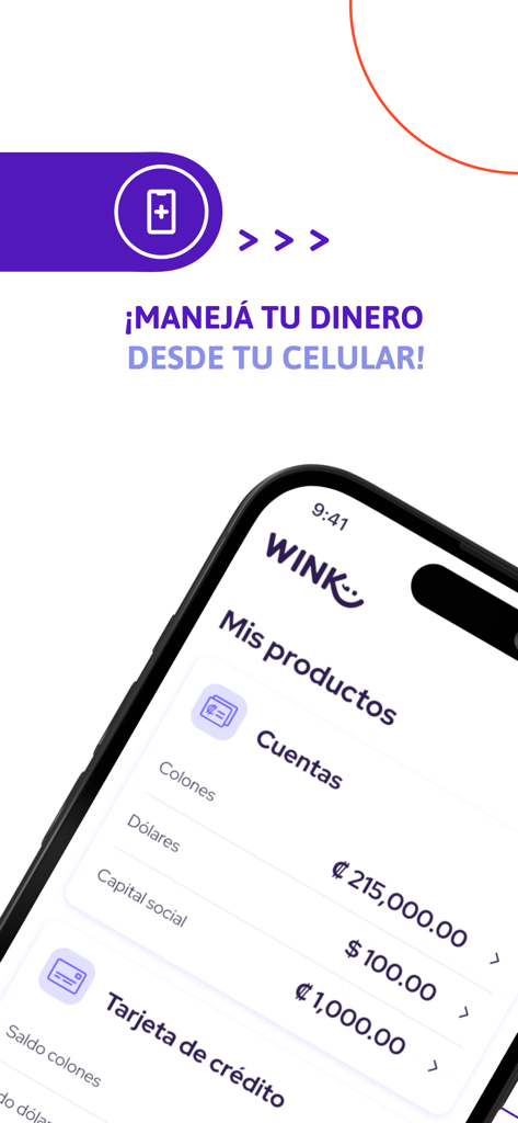 Wink mobile banking app dashboard on a smartphone showing account balances in Costa Rican colones and US dollars