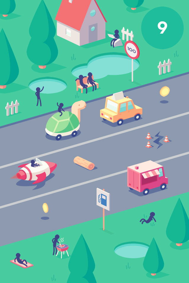 Stickman Rush - Stickman Rush gameplay featuring a rocket and turtle vehicle in isometric traffic