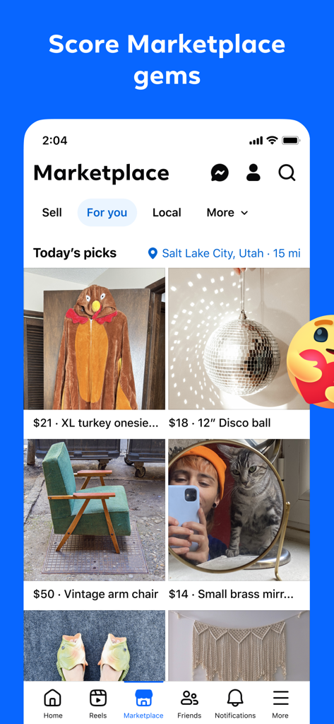 Una pantalla de móvil mostrando la interfaz de Facebook Marketplace con varios artículos locales a la venta como un sillón vintage y una bola de discoteca.