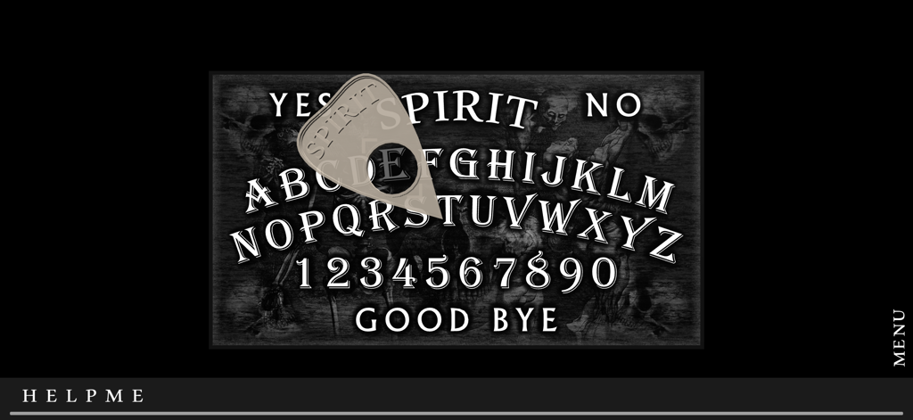 3D Spirit Board - Gameplay screen of the 3D Spirit Board app featuring a digital Ouija board and planchette