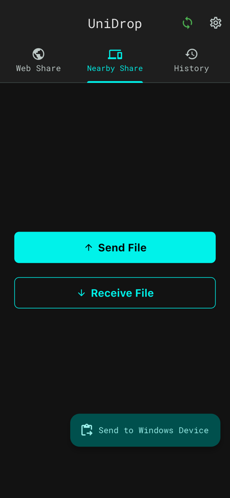 UniDrop - File Sharing - Interfaccia dell'app UniDrop che mostra la schermata Condivisione nelle vicinanze con grandi pulsanti Invia File e Ricevi File e un'opzione Invia a Dispositivo Windows.