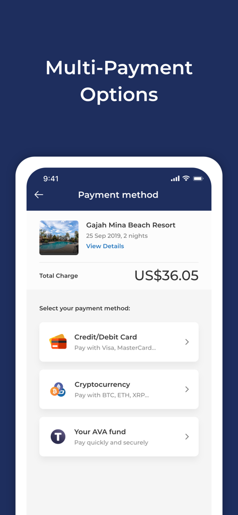 Travala app checkout screen showing multiple payment methods including credit card cryptocurrency and AVA fund