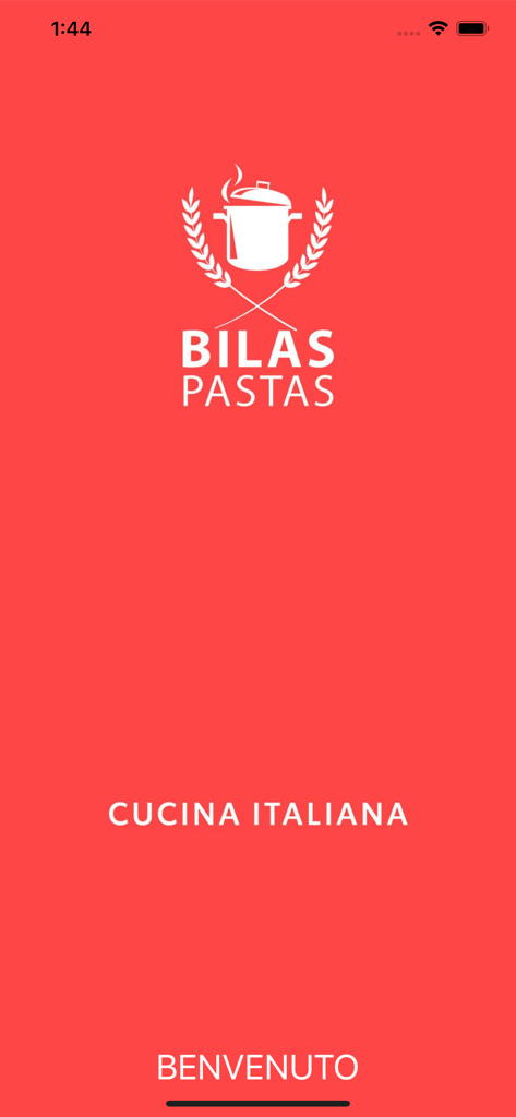 Bilas Pastas - Écran de démarrage de l'application Bilas Pastas avec un fond rouge, un logo de pot de cuisine blanc et le texte Cucina Italiana.
