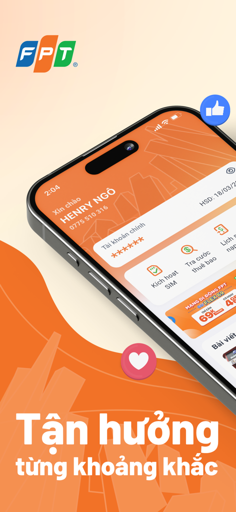 Interfaccia dell'app FPT Shop su uno schermo di smartphone che mostra il profilo utente e le opzioni di gestione della rete mobile in vietnamita