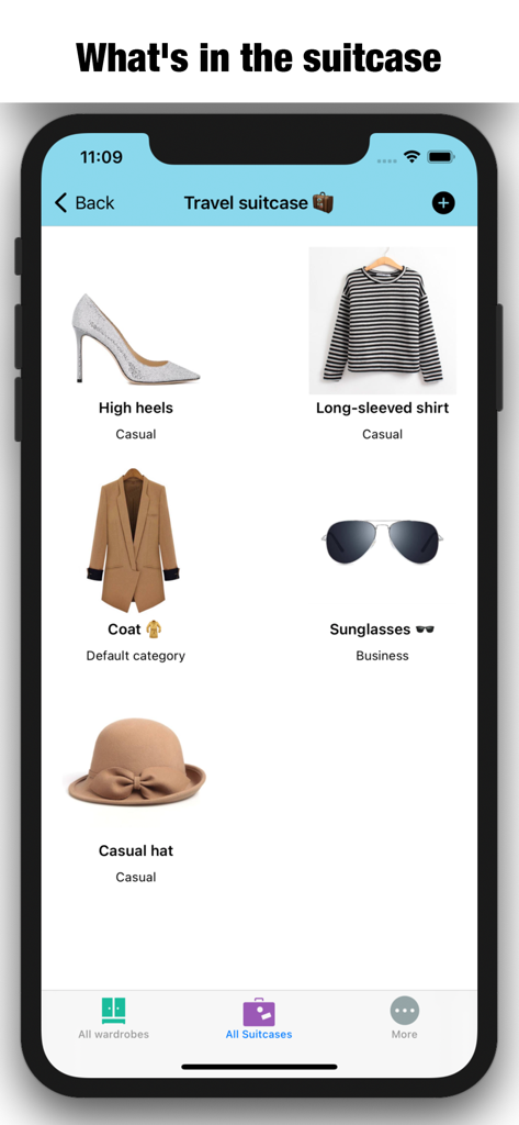 My Clothes And Wardrobe- Dress - Visualização digital de organização de malas no aplicativo mostrando roupas e acessórios organizados para uma viagem