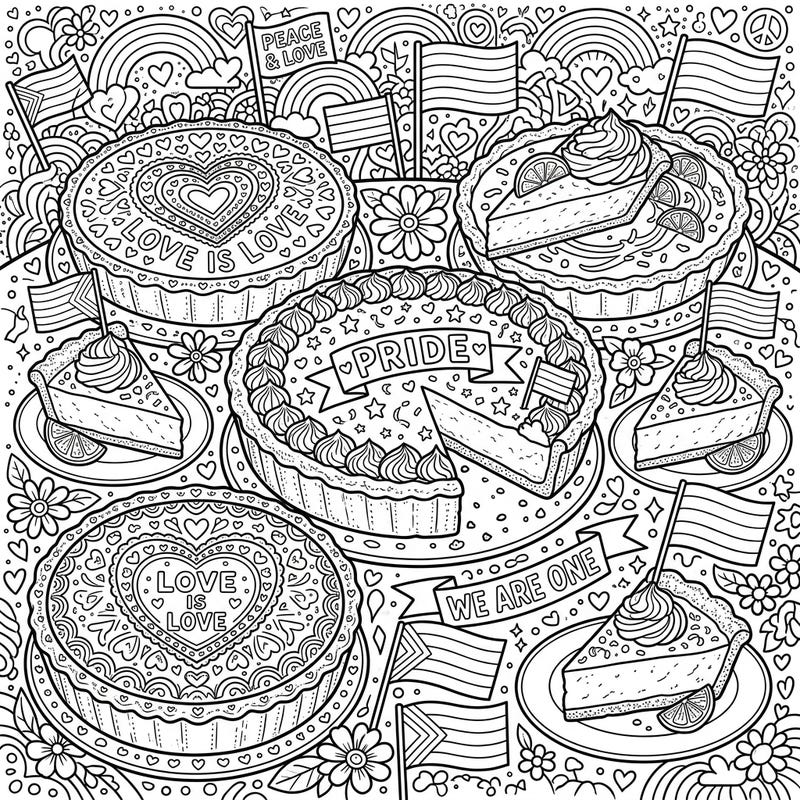 Dive into a vibrant celebration with our Key Lime Pie Pride coloring page, blending delicious desserts with heartfelt symbols of love and community. This intricate design invites you to express your creativity and joy for Pride Month.