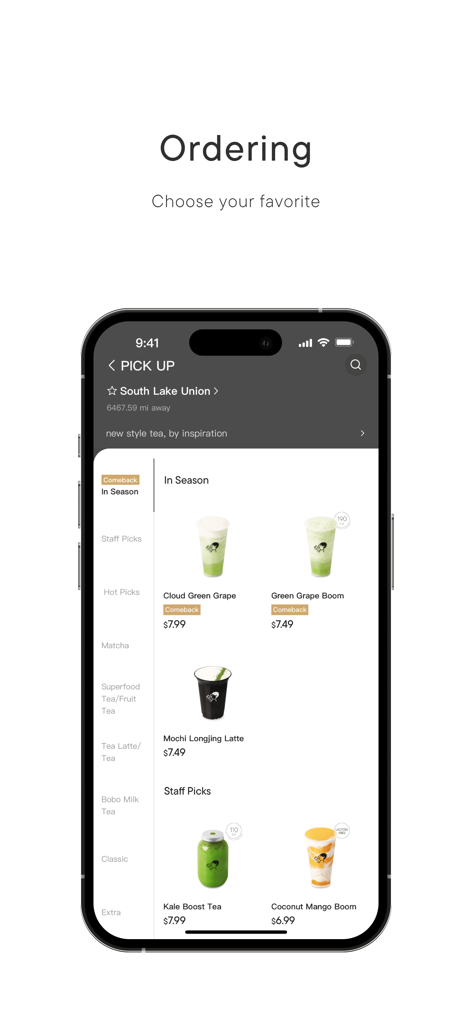 HEYTEA mobile app interface showing various tea drinks and menu categories