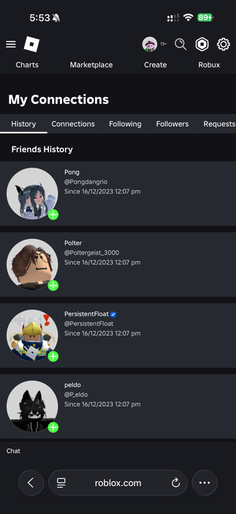 RoQoL - A screenshot of the RoQoL app displaying the Friends History feature on the Roblox mobile website.