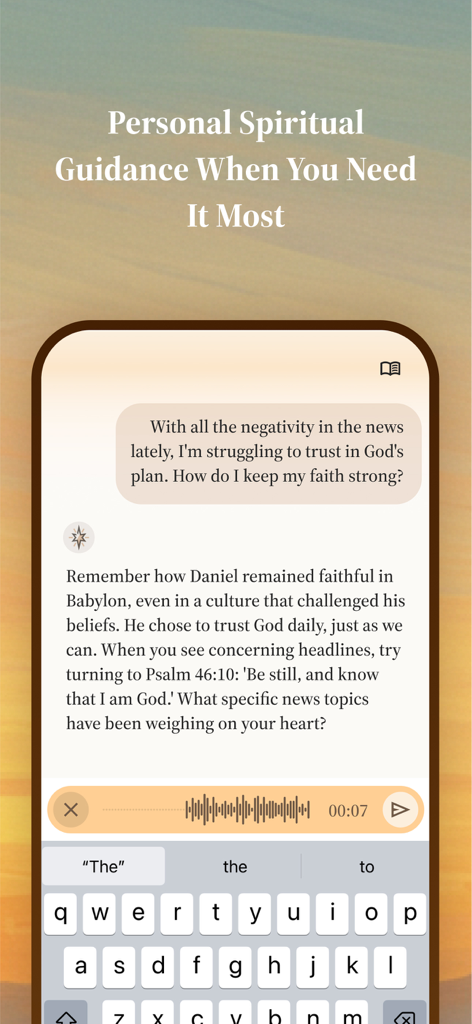 Faithy app chat interface showing a personalized AI spiritual conversation with biblical guidance and scripture.