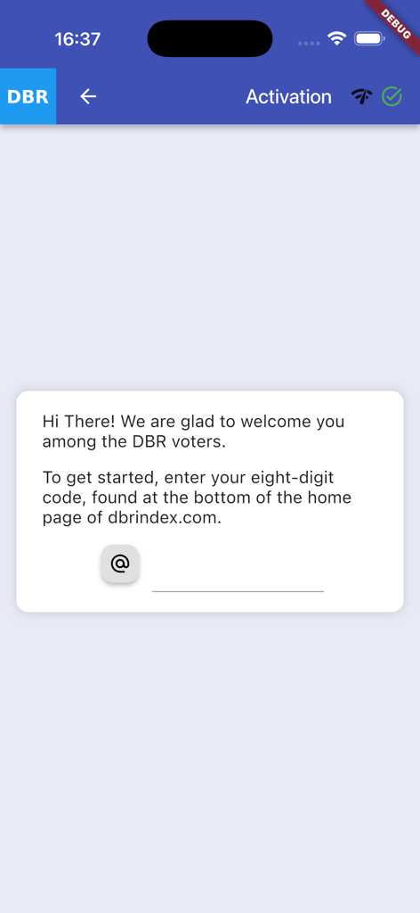 Activation screen of the DBR Index app welcoming new voters and requesting an activation code.