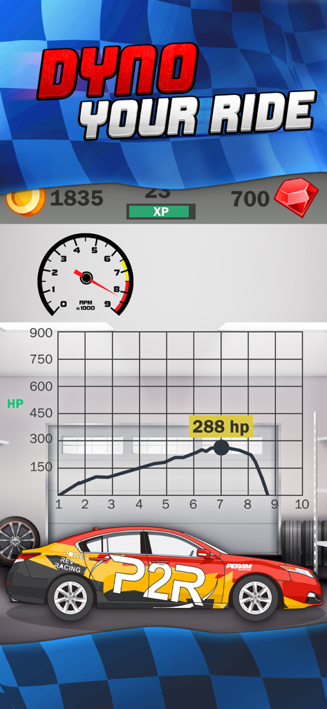 P2R Power Rev Racing - Car dyno testing screen in P2R Power Rev Racing showing a horsepower graph and custom red sedan