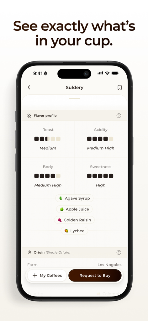 A mobile app screen from Coffi showing detailed flavor profiles for a single origin coffee including roast, acidity, body, and specific tasting notes like agave and lychee.