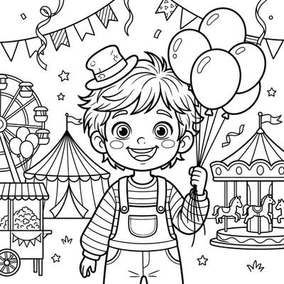 Capture the magic of the carnival with this delightful coloring page featuring a happy child. Immerse yourself in a scene bustling with rides, treats, and festive decorations, ready for your creative touch.