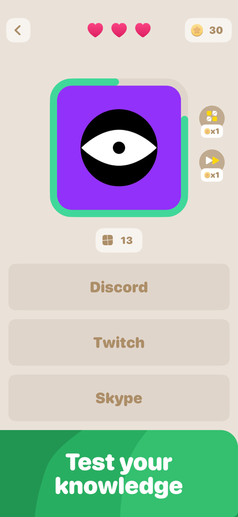 Pantalla de juego de Logo Quest Adivina La Marca mostrando un quiz de logotipos morados con respuestas de opción múltiple