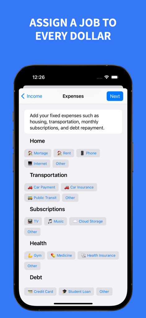 Petty Cash app interface for setting up monthly budget expenses across various categories like home and transport