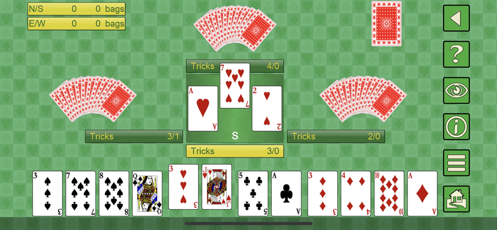 Spades V+, classic card game - Spades V plus card game gameplay screen showing cards and scores