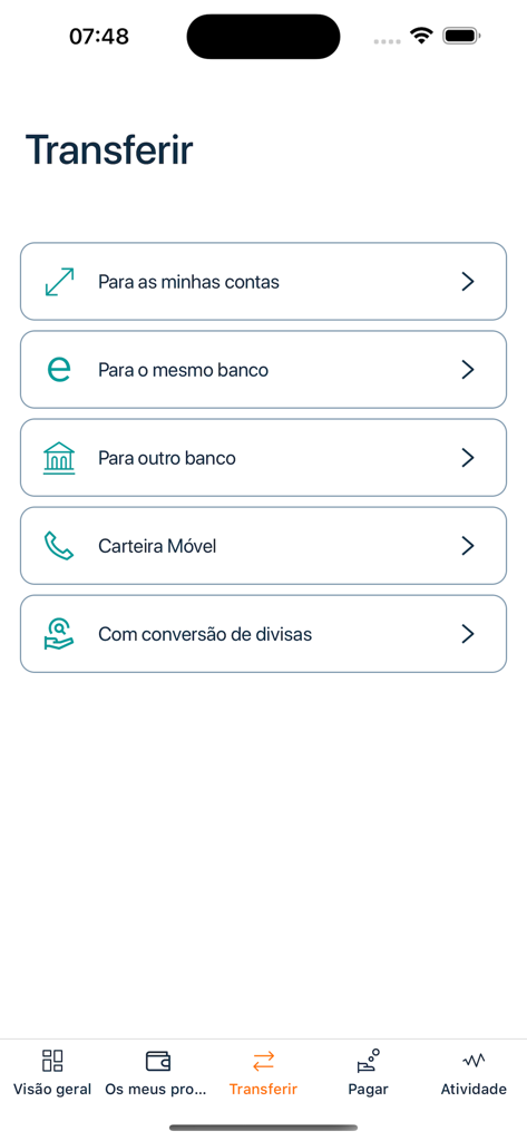 Interface de l'application FNB ON Mozambique montrant les options de transfert d'argent, y compris le portefeuille mobile et la conversion de devises