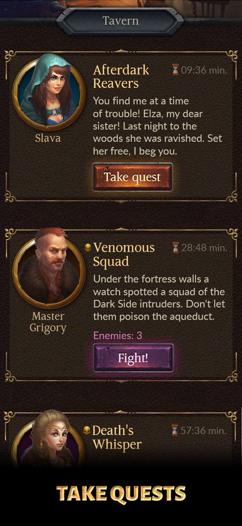 Age of Revenge: Card Based RPG - In-game tavern screen showing available quests with character portraits and dialogue