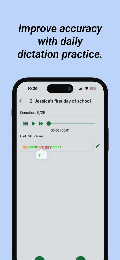 The Eng - English Practice - Uma captura de tela do aplicativo The Eng mostrando um exercício de ditado em inglês com feedback e correções de gramática por IA em tempo real.