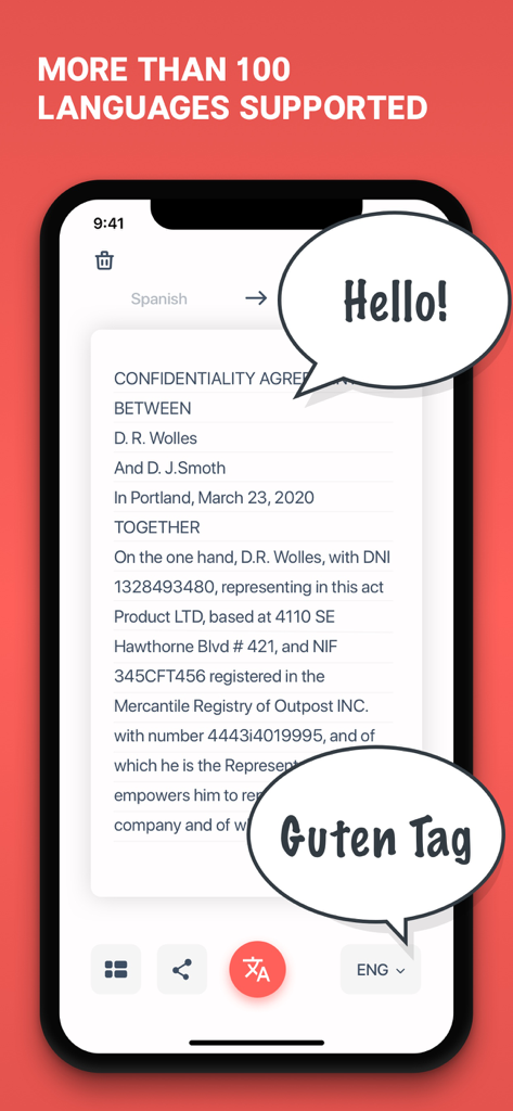 Scan & Translate+ Text Grabber - Interface do aplicativo Scan and Translate mostrando um documento comercial digitalizado com suporte multilíngue