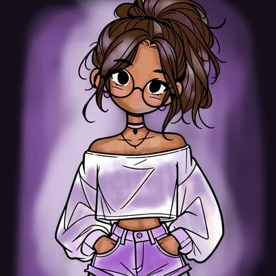 girl with a messy ponytail glasses a baggy crop top and jean shorts