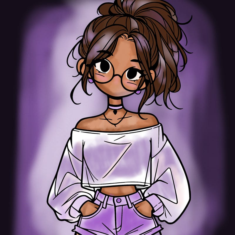 girl with a messy ponytail glasses a baggy crop top and jean shorts