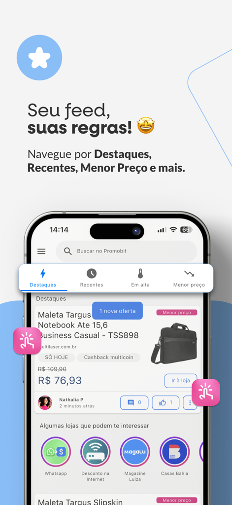 Promobit - Ofertas e Descontos - Interface do aplicativo Promobit mostrando um feed personalizado de ofertas e descontos de compras de varejistas brasileiros.