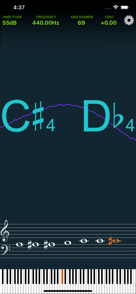 Pitch Analyzer app interface showing musical note names frequency staff and piano keyboard