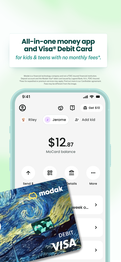 Modak mobile app interface showing child bank balance and a starry night themed Visa debit card