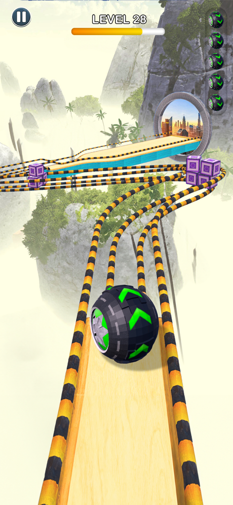 A black ball with neon green arrows rolling on a wooden sky track towards a city portal