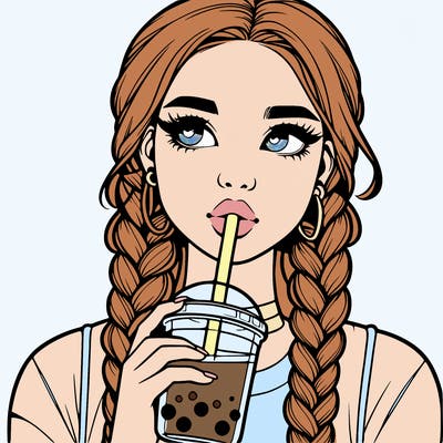 realistic girl with braided hair drinking boba