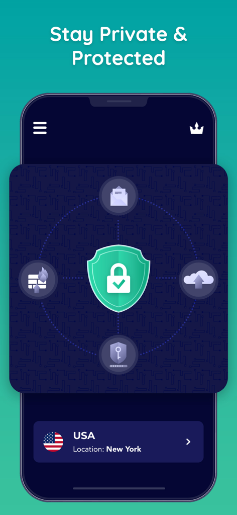 Interface do aplicativo Von VPN exibindo escudo de privacidade e segurança com localização de servidor nos EUA