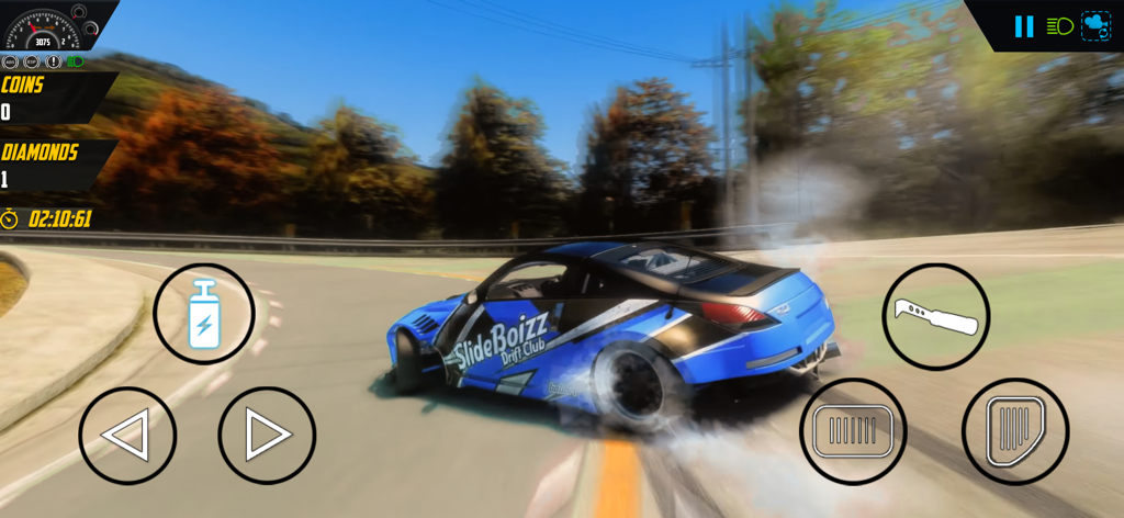 Drift Game : Driving Simulator - 푸른 스포츠카가 맑은 날 트랙에서 드리프트하는 모습, 화면에 모바일 레이싱 컨트롤과 연기 효과가 표시됨