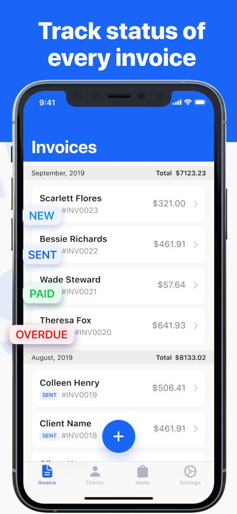 Mobile app screen displaying a list of business invoices with payment status labels such as paid sent and overdue