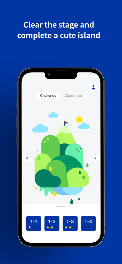 Reflick: Japanese Flick Typing - Une capture d'écran mobile montrant une île illustrée verte avec sélection de niveau pour la pratique de la frappe japonaise par glissement.
