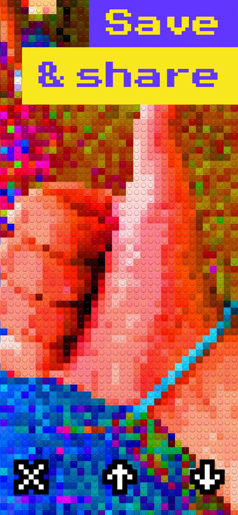 Bricks Camera app interface showing save and share options for brick-style photos.