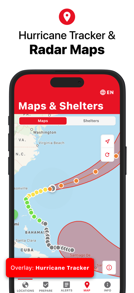 Emergency: Severe Weather App - Hurricane tracker and radar map interface on the American Red Cross Emergency app