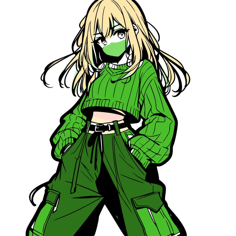 anime teen girl with baggy pants and crop top with sweater